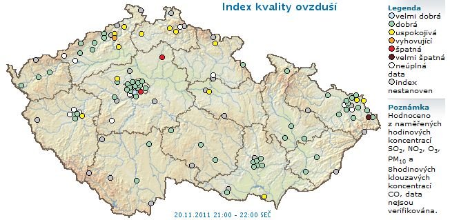 Mapa kvality ovzduší v ČR - 20.11.2011