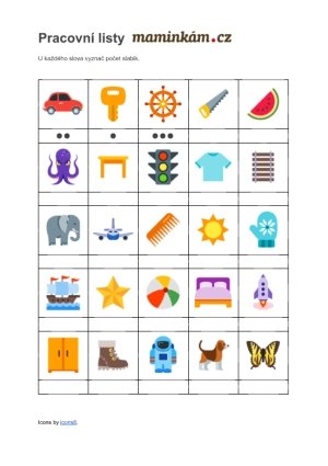 Pracovní listy - základy čtení - vyznač počet slabik 1