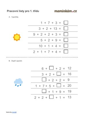 Pracovní listy 1. třída - matematika - počítání do 20 - součet tří čísel
