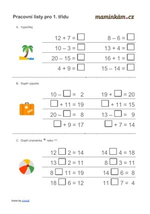 Pracovní listy 1. třída - matematika - počítání do 20 - příklady