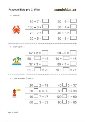 Pracovní listy 2. třída - matematika - sčítání a odčítání do 100 - desítky - příklady na sčítání a odčítání