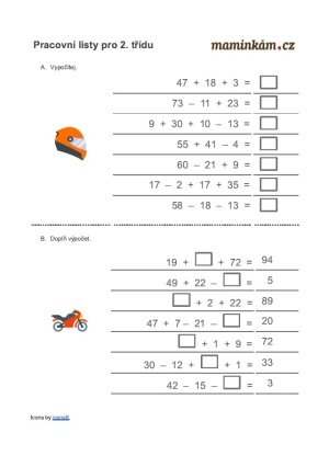 Pracovní listy 2. třída - matematika - počítání do 100 - součet tří čísel