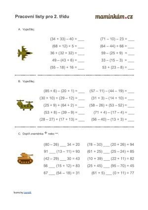 Pracovní listy 2. třída - matematika - sčítání a odčítání do 100 - příklady se závorkami