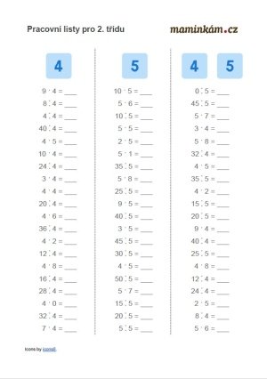 Pracovní listy 2. třída - matematika - násobilka 4, 5 - příklady