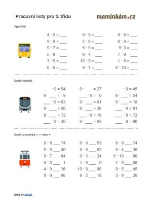 Pracovní listy 3. třída - matematika - násobilka 9 - příklady