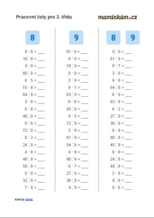 Pracovní listy 3. třída - matematika - násobilka 8, 9 - příklady