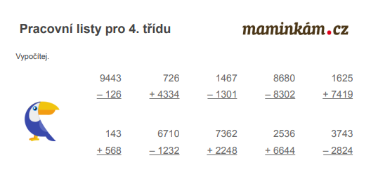 Pracovní listy 4. třída - matematika - sčítání a odčítání do 1 000 000
